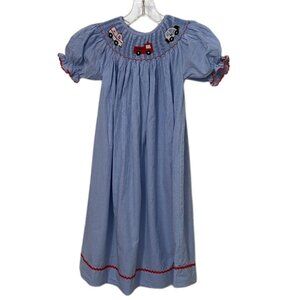 Dressie Jessie Smocking Blue Gingham Dress Girls Size 6 Vehicle Embroidery